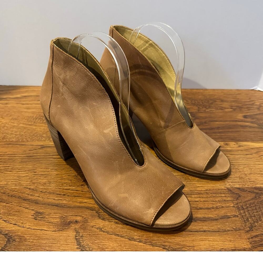 Lucky Brand Joal Peep Toe Leather Booties Women’s 8.5M Tan Block Heel Shoes
